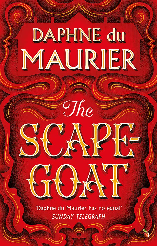 Cover design of 'The Scapegoat' by Daphne du Maurier featuring bold red and gold text with decorative borders.