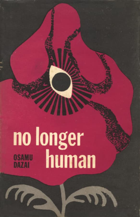 Cover of the book 'No Longer Human' by Osamu Dazai, featuring a stylized flower design with a prominent eye motif against a dark background.