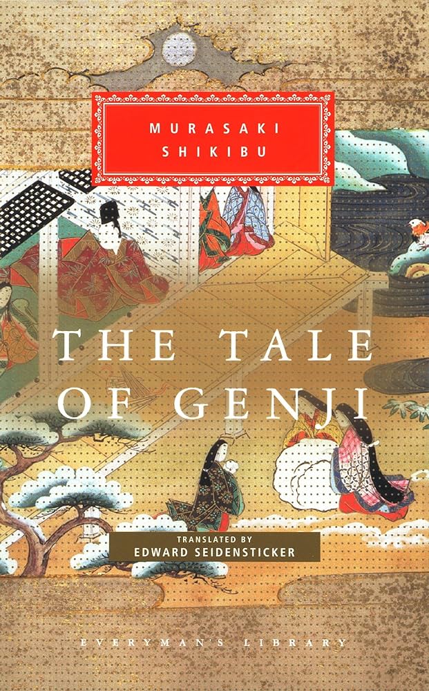 Book cover of 'The Tale of Genji' by Murasaki Shikibu, translated by Edward Seidensticker, featuring traditional Japanese artwork with figures and landscapes.