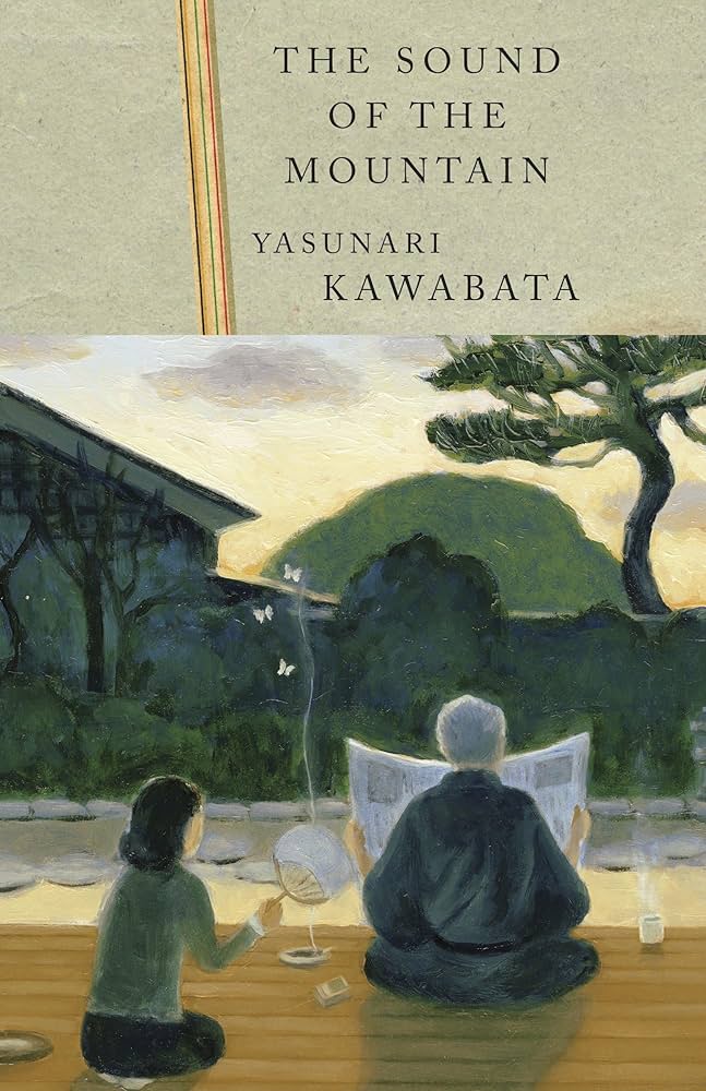 Illustration of a scene from the book 'The Sound of the Mountain' by Yasunari Kawabata, depicting an elderly man reading a newspaper while seated in a traditional setting, with a young girl beside him, both overlooking a serene outdoor landscape.