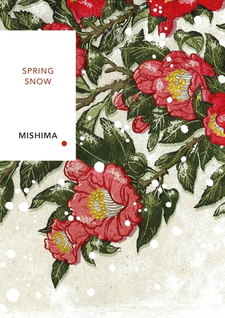 Cover design featuring red flowers and leaves against a light background with falling snow, titled 'Spring Snow' by Mishima.