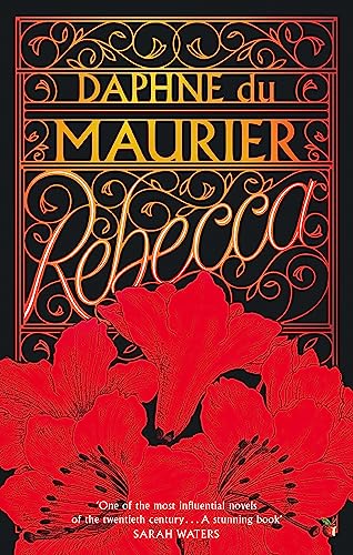 Cover of the book 'Rebecca' by Daphne du Maurier, featuring ornate gold and red typography and red flowers.